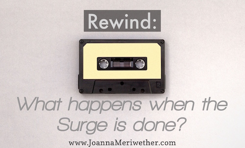 A cassette tape with the words "Rewind: What happens when the Surge is done?" underneath the image