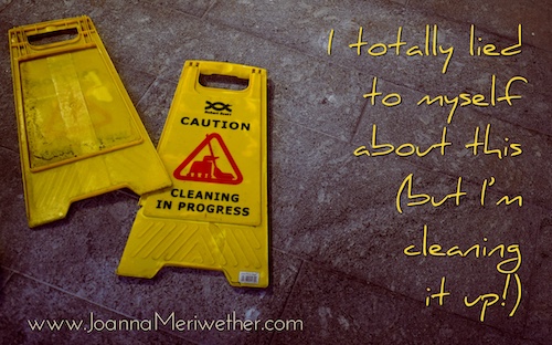two yellow cleaning signs laid on a concrete floor with the words "I lied to myself about this (but I'm cleaning it up!)" over the top
